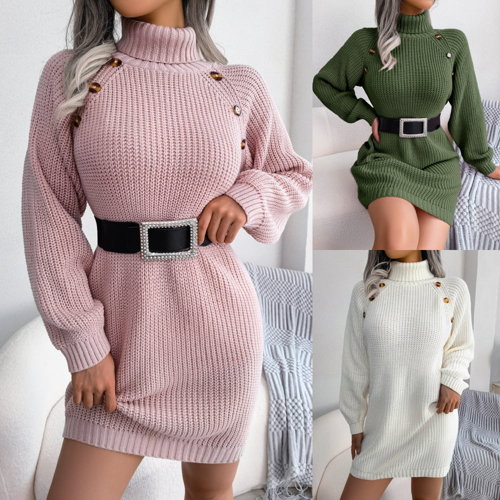 Winter Turtleneck Long Sweater Dress With Button Design Leisure Clinch ...